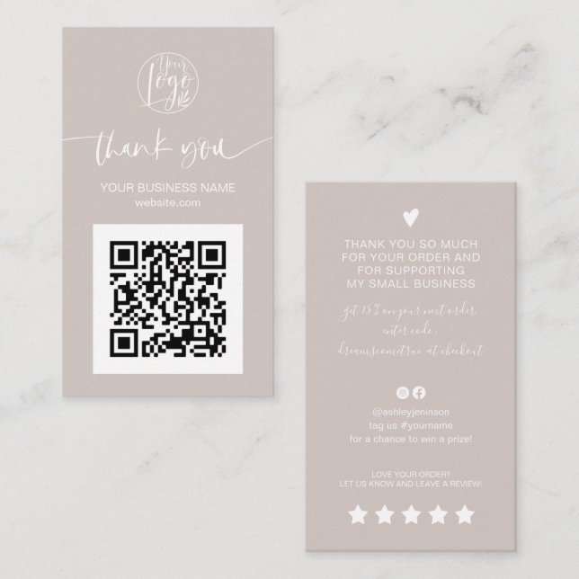 Modern script QR code cream order thank you Business Card (Front/Back)