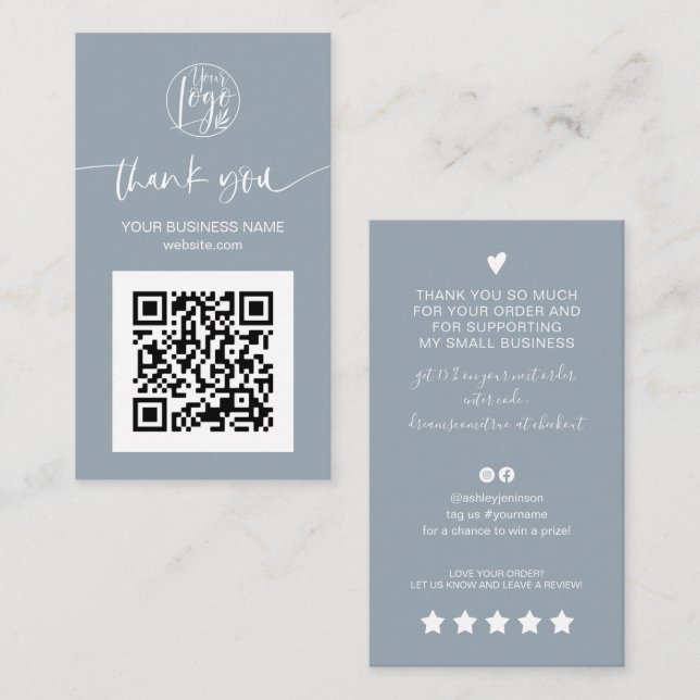 Modern script QR code dusty blue order thank you Business Card (Front/Back)