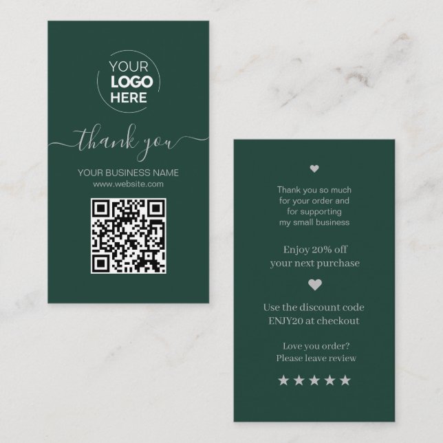 Modern Script QR Code Green Order Thank You Business Card (Front/Back)