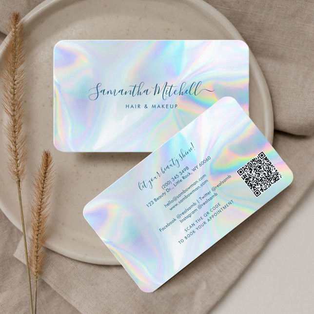 Modern Script QR Code Holographic Hair Salon Owner Business Card (QR Code Holographic Makeup and Hair Script Business Card)
