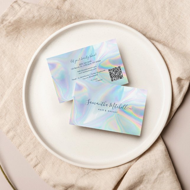 Modern Script QR Code Holographic Hair Stylist Business Card (QR Code Holographic Business Card with Script Typography)