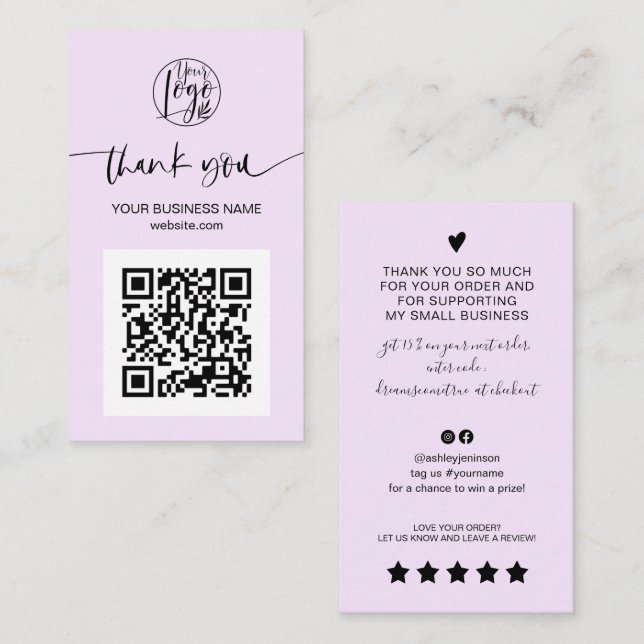 Modern script QR code lavender order thank you Business Card (Front/Back)