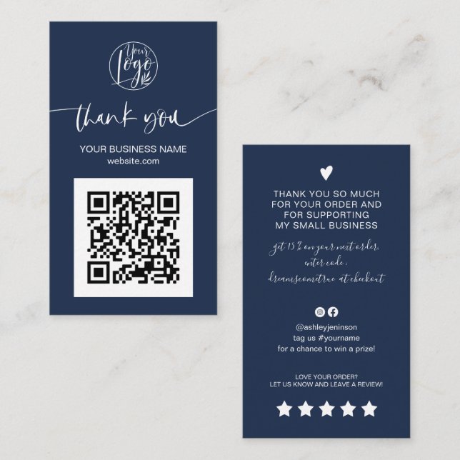 Modern script QR code navy blue order thank you Business Card (Front/Back)