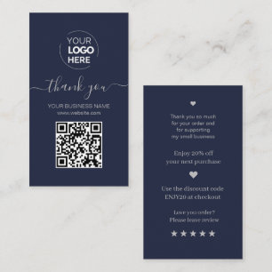 Modern Script QR Code Navy Order Thank You Business Card