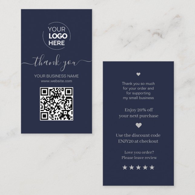 Modern Script QR Code Navy Order Thank You Business Card (Front/Back)