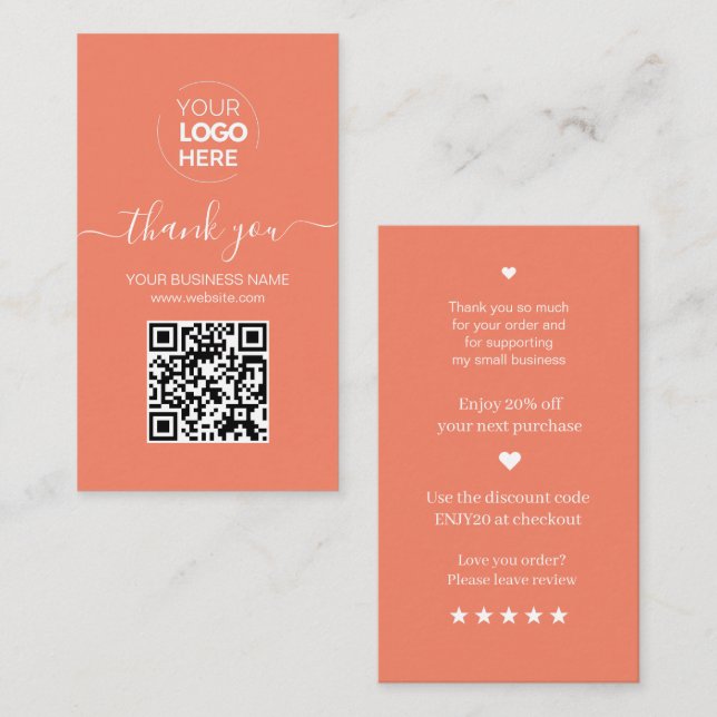 Modern Script QR Code Orange Order Thank You Business Card (Front/Back)
