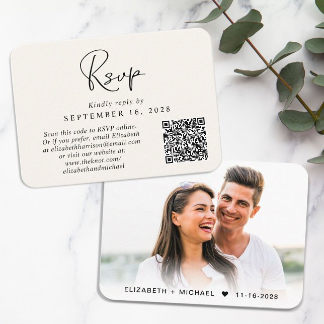 Modern Script QR Code Photo Cream Wedding RSVP Enclosure Card (Creator Uploaded)