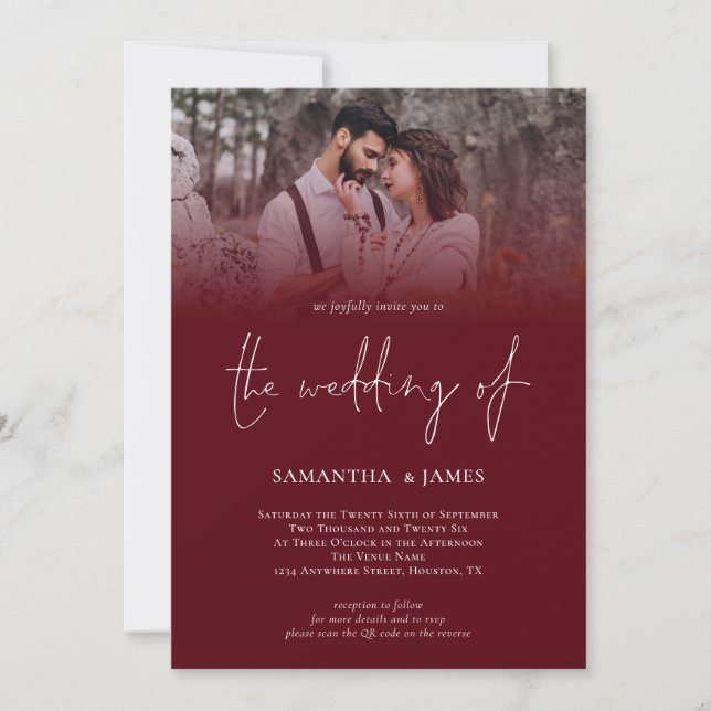 Modern Script QR Code Photo Deep Burgundy Wedding Invitation (Front)