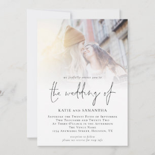 Modern Script QR Code Photo Lesbian Wedding Invitation