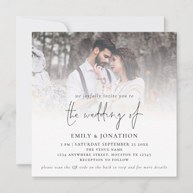 Modern Script QR Code Photo Square Wedding Invitation (Front)