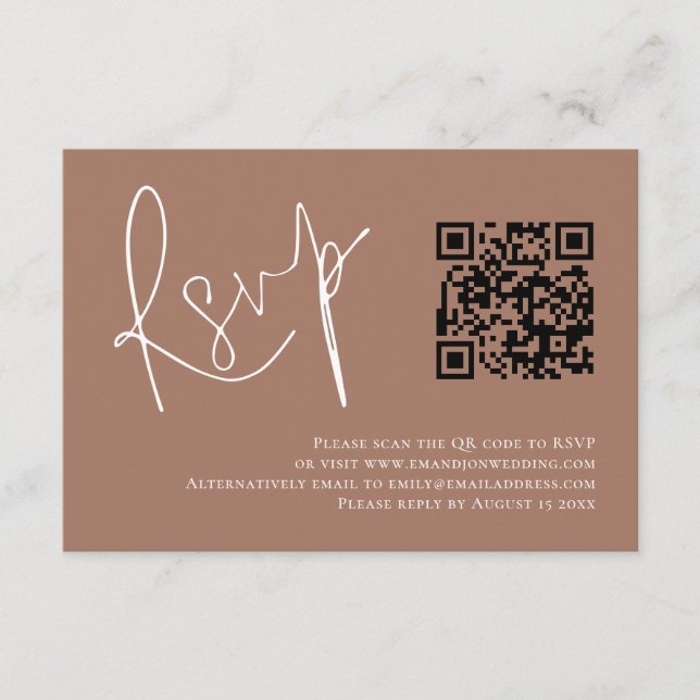 Modern Script QR Code Soft Brown Wedding RSVP Enclosure Card (Front)