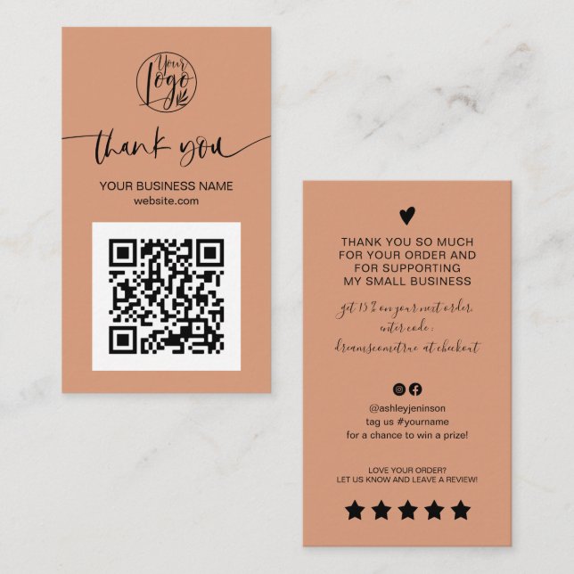 Modern script QR code terracotta order thank you Business Card (Front/Back)