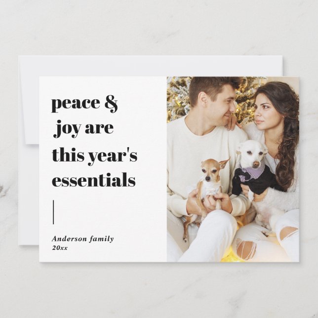 modern script quote peace and joy holiday photo card (Front)