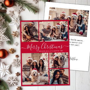 Modern Script Red 5 Photo Collage Christmas  Holiday Card