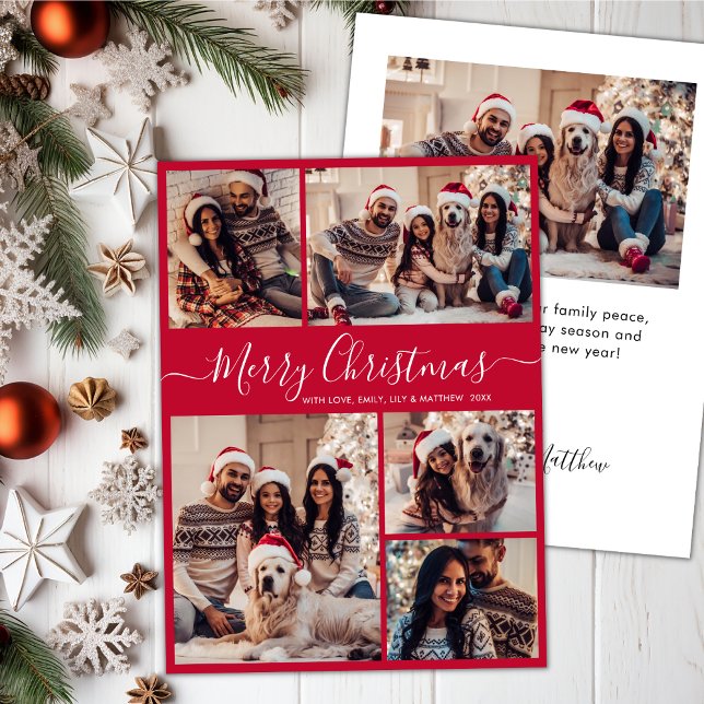 Modern Script Red 5 Photo Collage Christmas  Holiday Card (Creator Uploaded)
