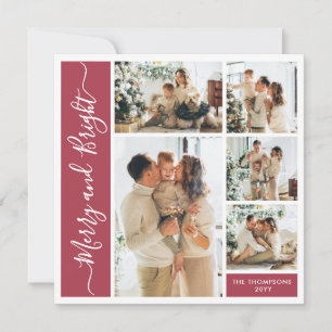 Modern Script Red 5 Photo Merry & Bright Collage Holiday Card