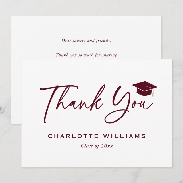 Modern Script Red and White Graduation Cap Thank You Card (Front/Back)