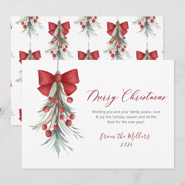 Modern Script Red Berries Greenery Christmas  Holiday Card (Front/Back)