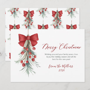 Modern Script Red Berries Greenery Christmas  Holiday Card