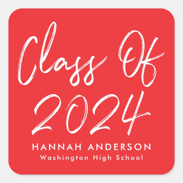 Modern Script Red Class of 2024 Graduation Square Sticker (Front)