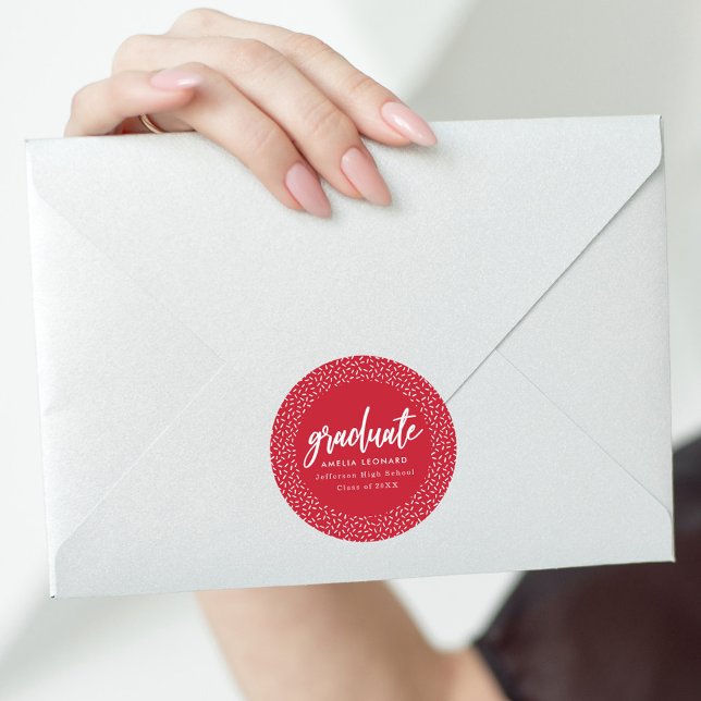 Modern Script Red Graduation Classic Round Sticker (Creator Uploaded)