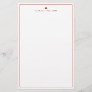 Modern Script Red Heart Border Monogram Stationery