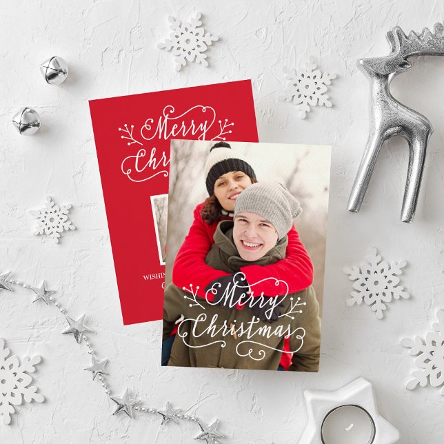 Modern Script Red Merry Christmas Photo Holiday Card (Creator Uploaded)