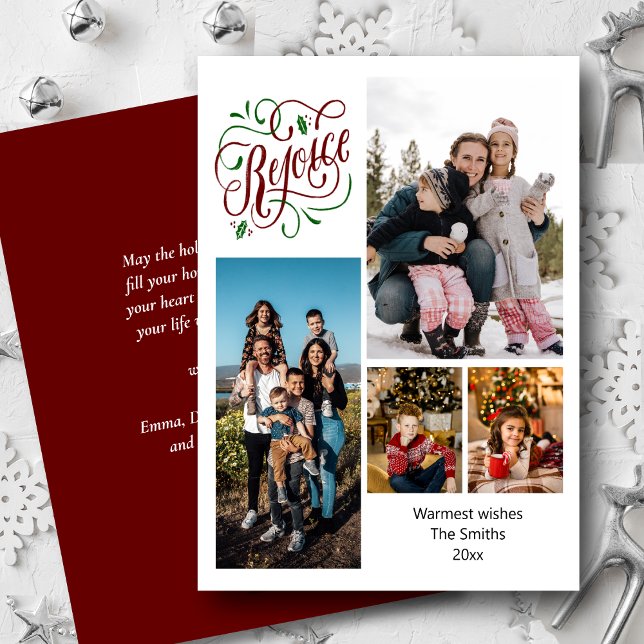 Modern Script REJOICE 4 Photo Collage Christmas Holiday Card (Creator Uploaded)