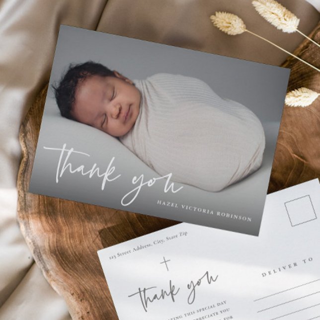 Modern Script Religious Baptism Thank You Postcard (Simple modern script baby photo baptism thank you postcard.)