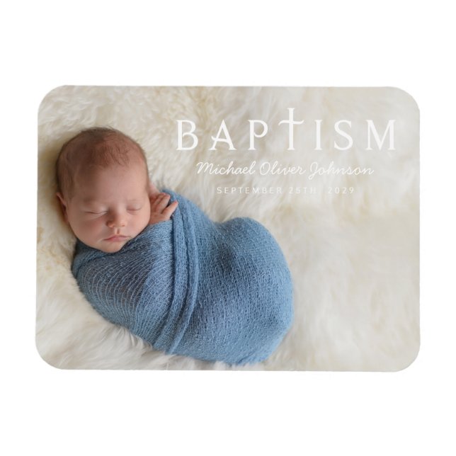 Modern Script Religious Cross Boy Baptism Photo Magnet (Horizontal)
