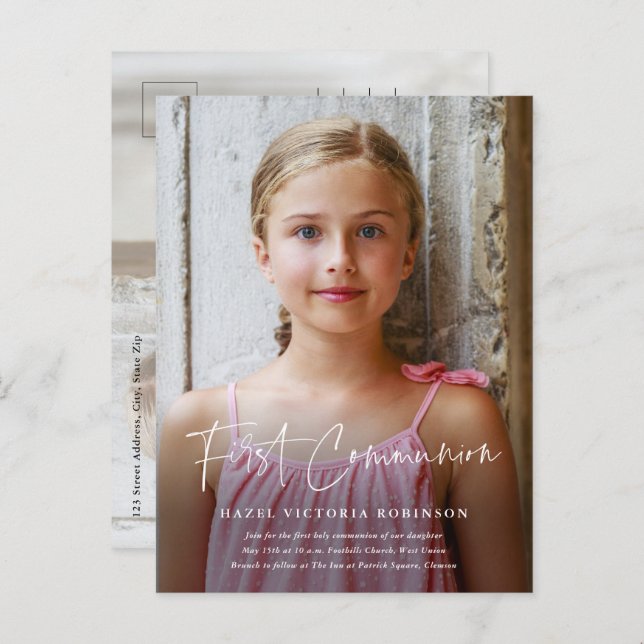 Modern Script Religious First Communion Invitation Postcard (Front/Back)