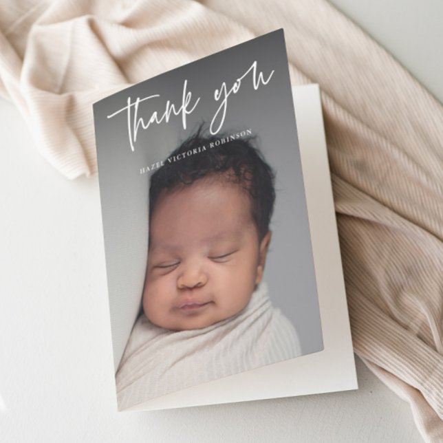 Modern Script Religious Photo Baptism Thank You Card (Modern script typography overlay photo baptism thank you card.)