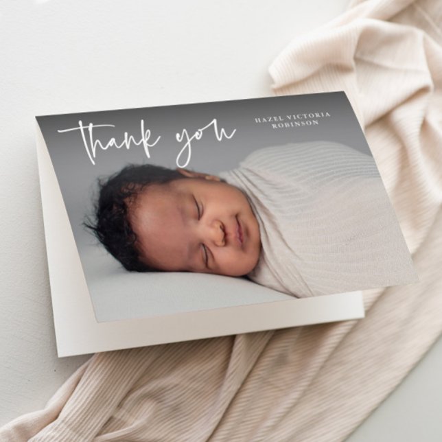 Modern Script Religious Photo Baptism  Thank You Card (Modern script typography overlay photo baptism thank you card.)