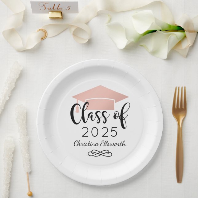 Modern Script Rose Gold 2025 Custom Graduation Paper Plate (Wedding)