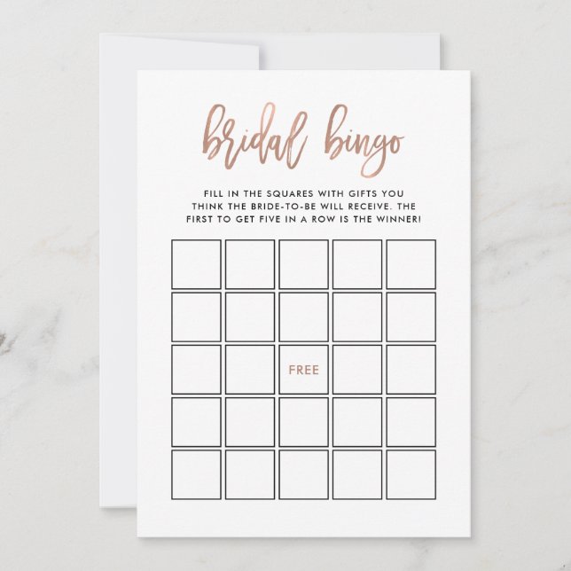 Modern Script | Rose Gold Bridal Shower Bingo Game Invitation (Front)