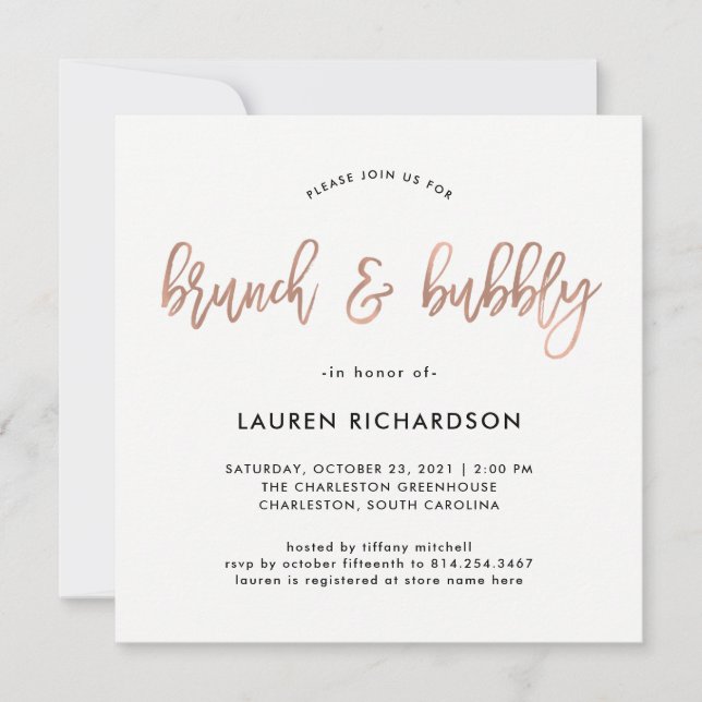 Modern Script | Rose Gold Brunch and Bubbly Invitation (Front)