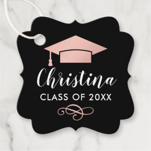 Modern Script Rose Gold Cap Black Class of 2026 Favour Tags