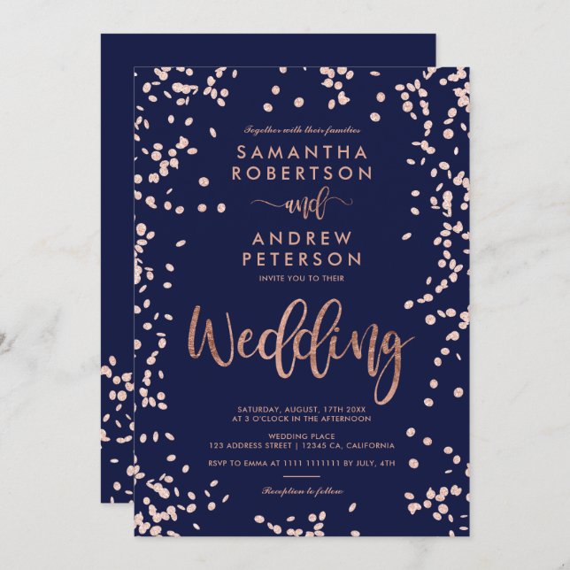 Modern script rose gold confetti navy blue wedding invitation (Front/Back)