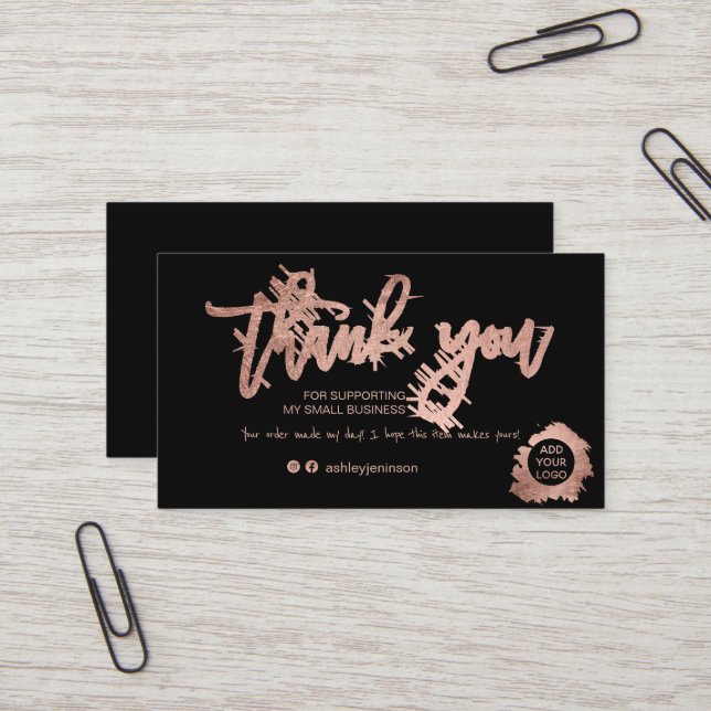 Modern script rose gold foil black order thank you business card (Front/Back In Situ)