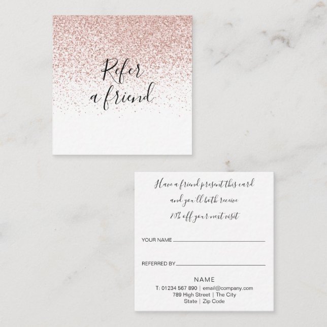 Modern Script Rose Gold Glitter Customer Referral Card (Front/Back)