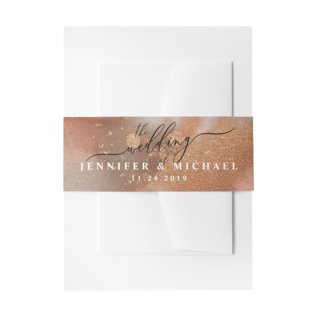 Modern Script Rose Gold Watercolor Wedding Invitation Belly Band (Front Example)