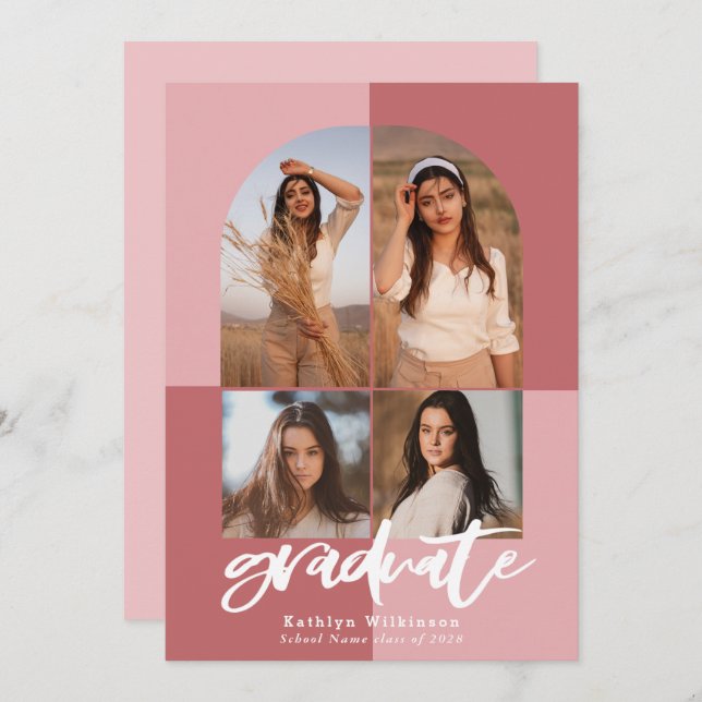 Modern Script Rose Pink Arch Multi Photo Grad Invitation (Front/Back)
