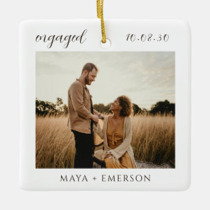 Modern Script Rustic Engagement Photo Keepsake  Ceramic Ornament