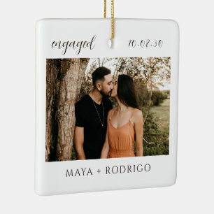 Modern Script Rustic Engagement Photo Keepsake Ceramic Ornament