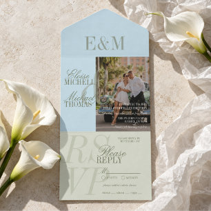 Modern Script Sage Green and Blue Wedding All In One Invitation