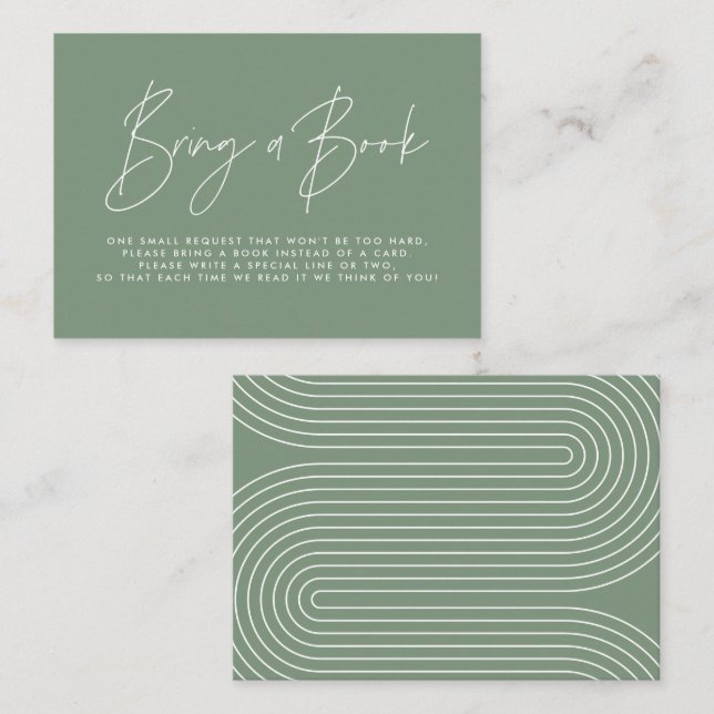 Modern script sage green baby shower bring a book  card (Front/Back)