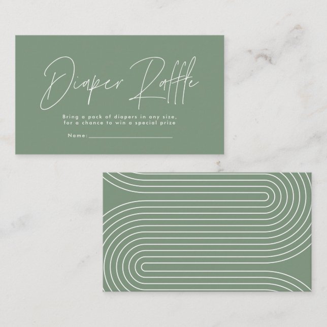modern script sage green baby shower diaper raffle card (Front/Back)