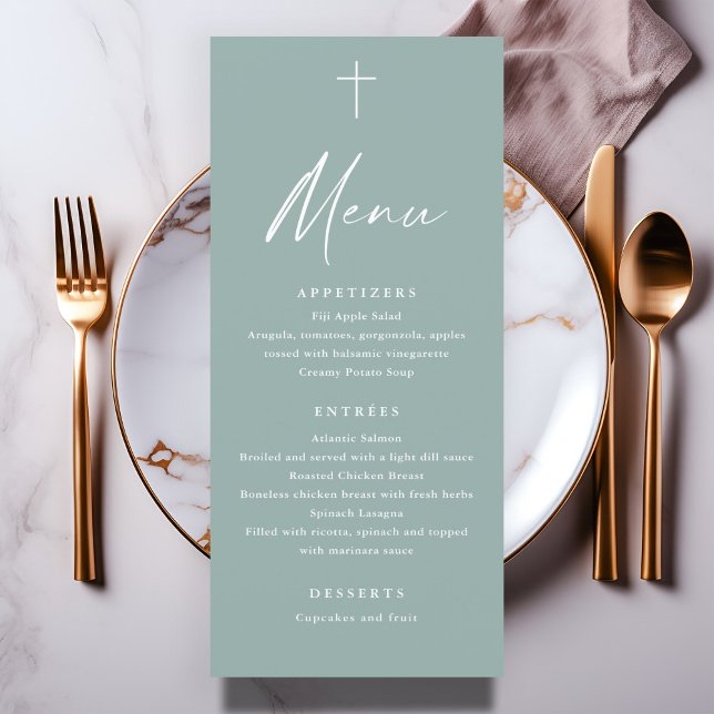 Modern Script Sage Green Baptism Menu (Modern sage green script baptism menu.)
