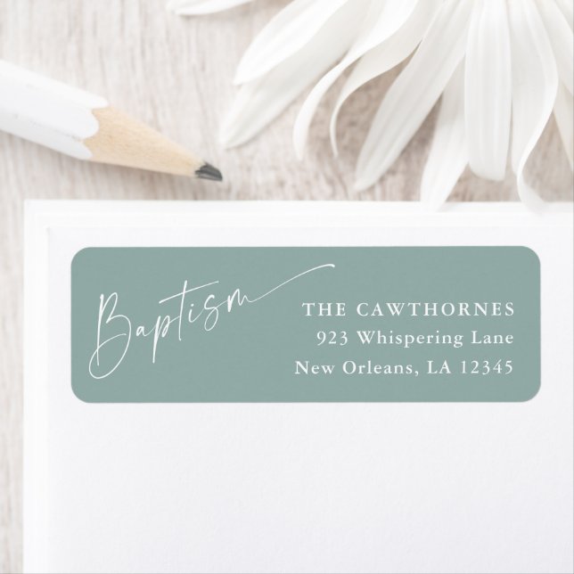 Modern Script Sage Green Baptism Return Address (Insitu)
