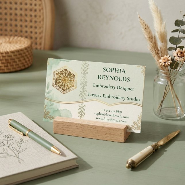Modern Script Sage Green Embroidery Studio Logo  Business Card (Modern Script Sage Green Embroidery Studio Logo Business Card)
